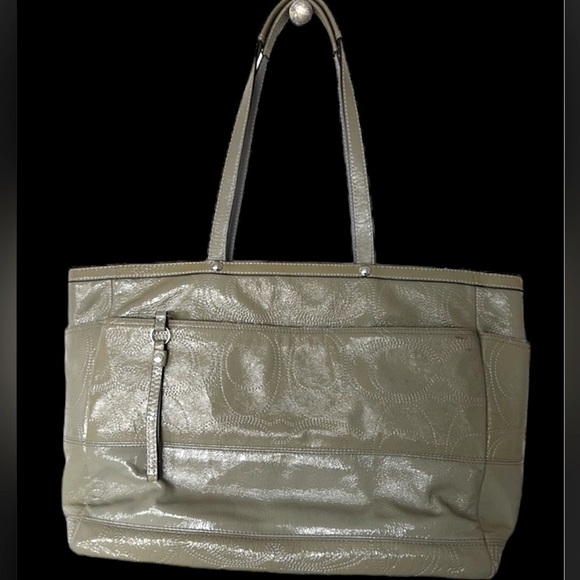 COACH Signature Stitched Patent Leather Large Bag Tote Travel Purse Gray - Picture 1 of 7
